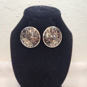 VTG Earrings 1980s Black Enamel Silver Hibiscus Flower Etched‎ Metal Disc Post